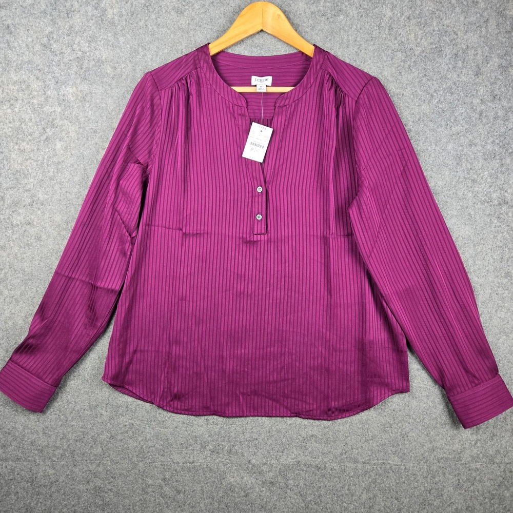 J.Crew Henley Blouse Womens Medium Magenta Stripe Satin Long Sleeve Chic NWT